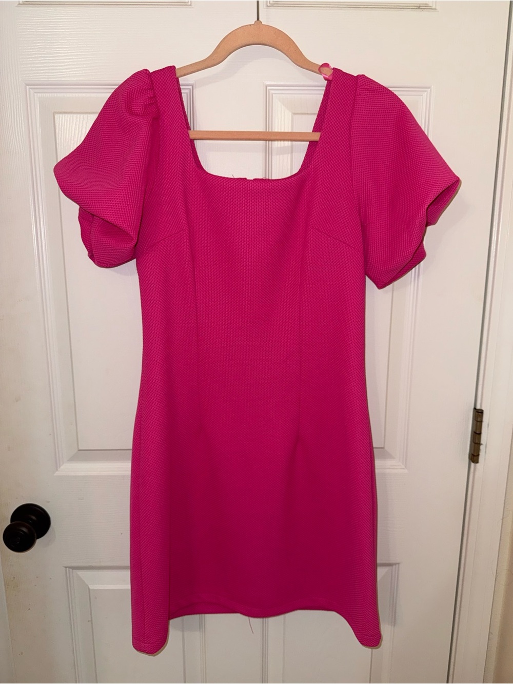 She + Sky Hot Pink Puff-Sleeve Square Neck Mini Dress